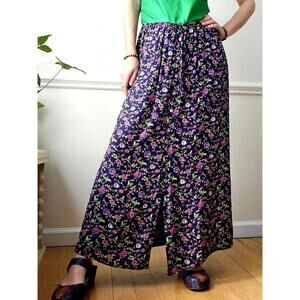 Vintage Floral Maxi Skirt: Rayon Boho Buttoned Skirt, Size L